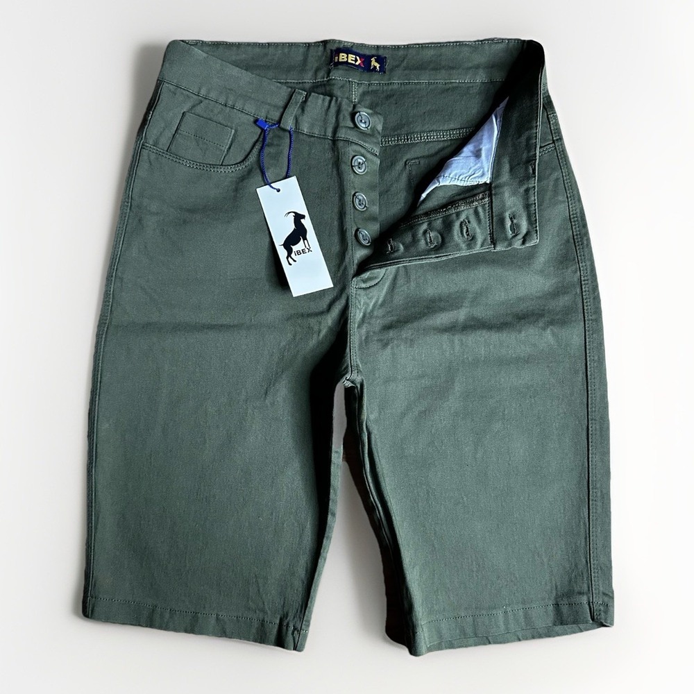 Ibex Shorts Mens 30x10 Green Button Fly Cotton Stretch Outdoor Hiking Pockets